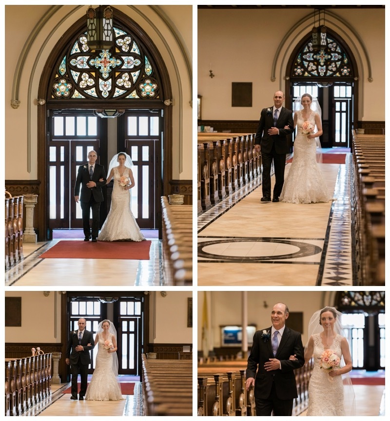 A bride walks down the aisle with her dad.